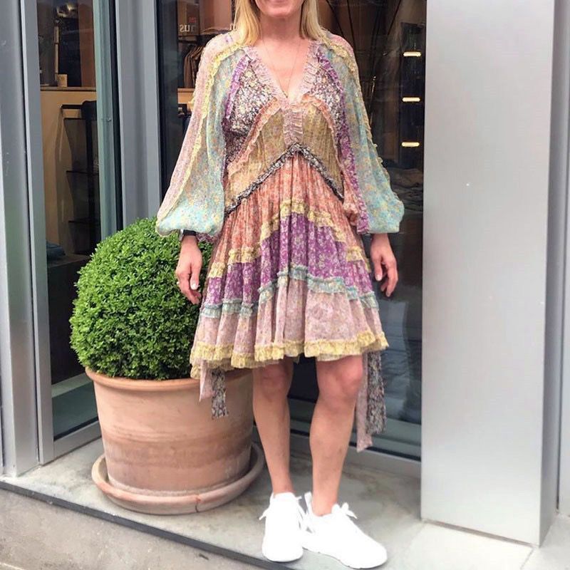 Floral Printed Splicing Ruffled Flounces Mini Dress