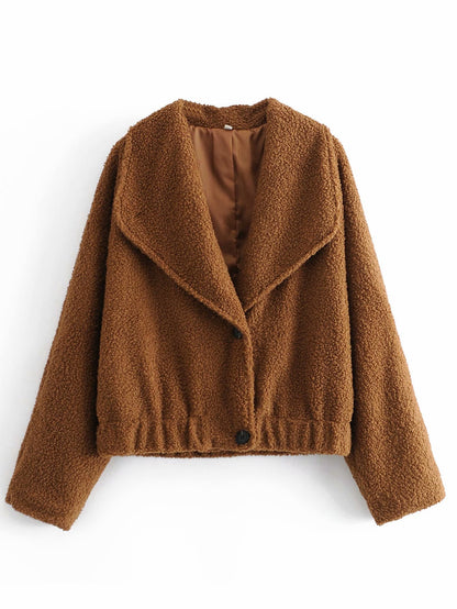 Plush Button Lapel Collar Jacket Coat Outerwear