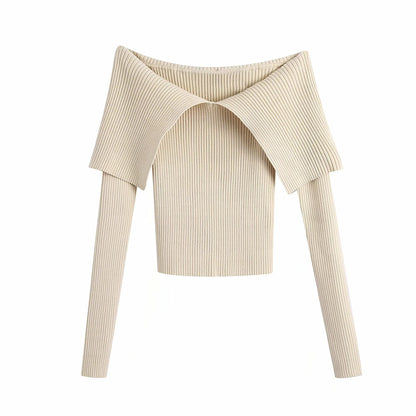 Sexy Pile Collar Off Shoulder Knit Sweater Blouse