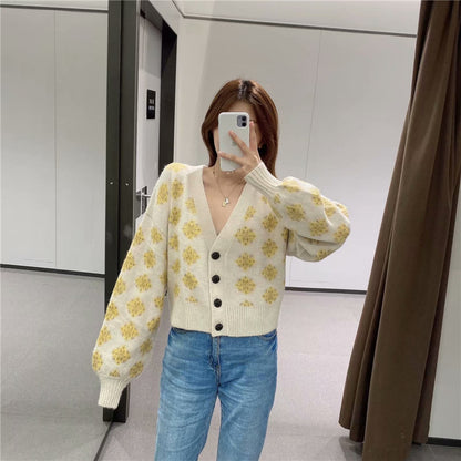 Knit V-neck Single-breasted Argyle Pattern Cardigan