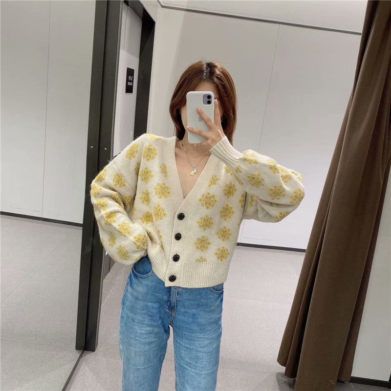 Knit V-neck Single-breasted Argyle Pattern Cardigan