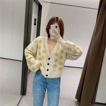 Knit V-neck Single-breasted Argyle Pattern Cardigan
