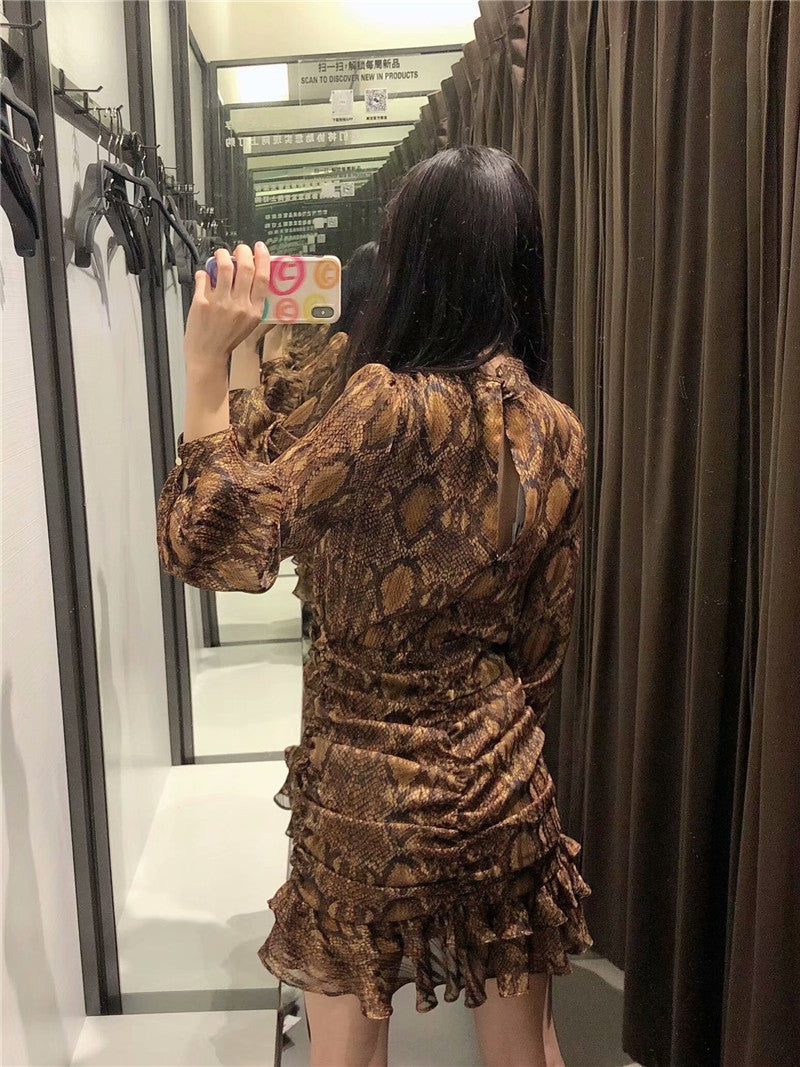 Animal Pattern Ruffled Flounces Pleated Mini Dress
