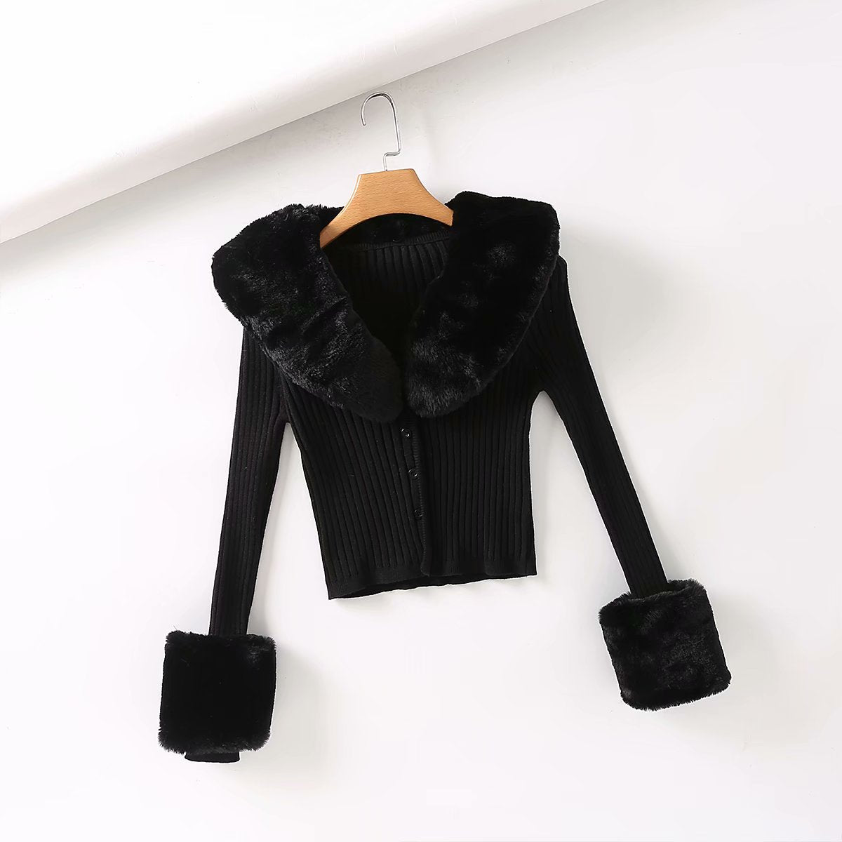 Fur Collar Sleeve Single-breasted Vintage Stripe Cardigan