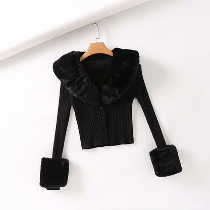 Fur Collar Sleeve Single-breasted Vintage Stripe Cardigan