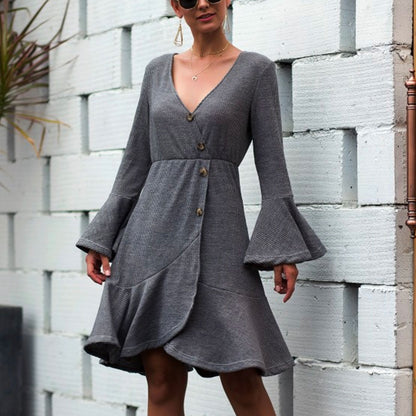 V-neck Ruffled Horn Sleeve Buttoned Knit Mini Dresses