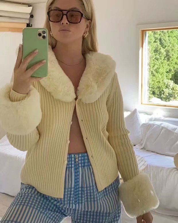 Fur Collar Sleeve Single-breasted Vintage Stripe Cardigan