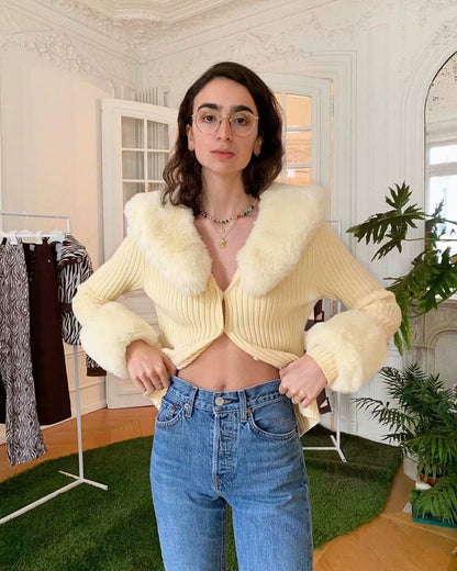 Fur Collar Sleeve Single-breasted Vintage Stripe Cardigan