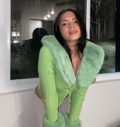 Fur Collar Sleeve Single-breasted Vintage Stripe Cardigan