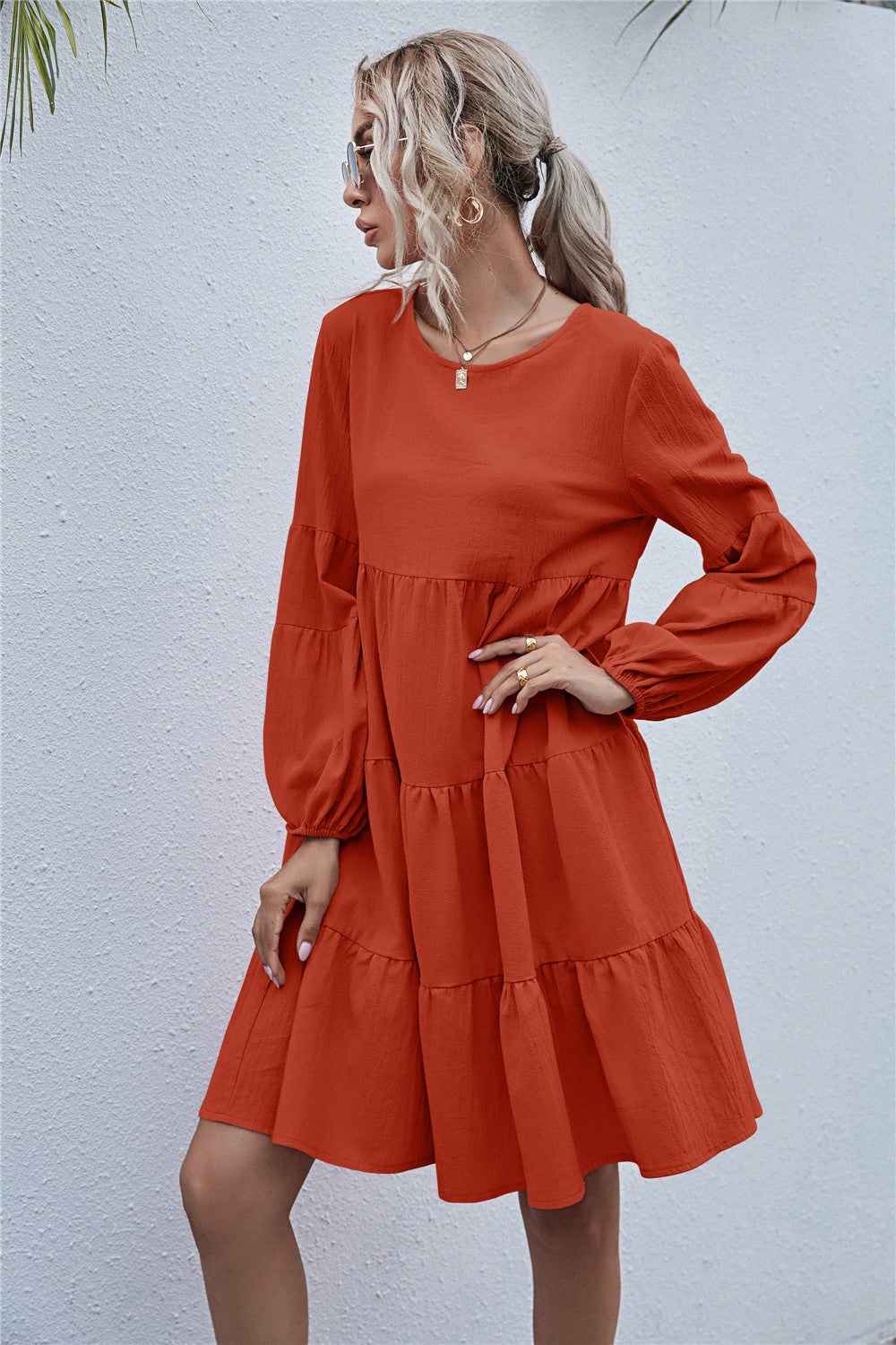 Round Neck Lantern Elastic Bubble Sleeve Mini Dresses