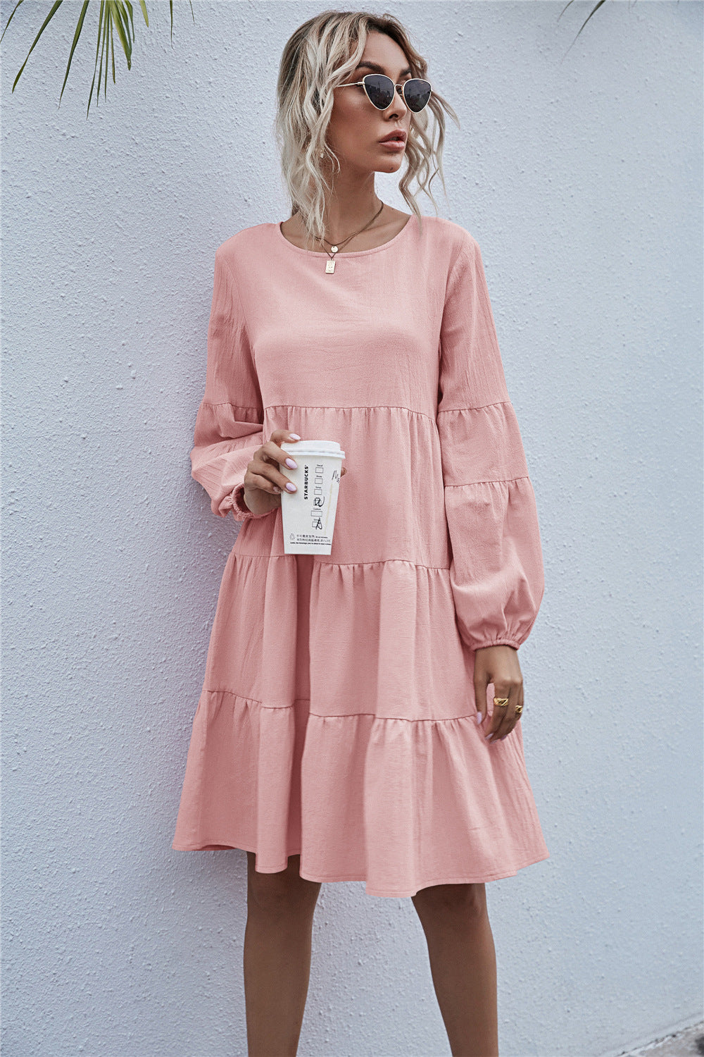 Round Neck Lantern Elastic Bubble Sleeve Mini Dresses