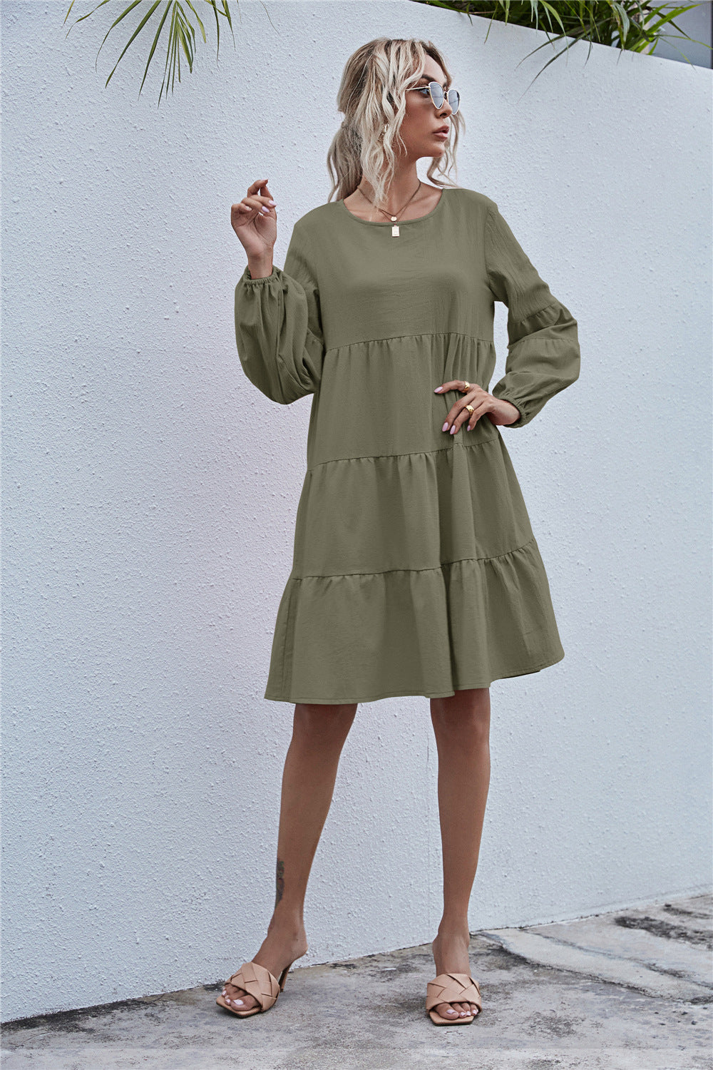 Round Neck Lantern Elastic Bubble Sleeve Mini Dresses