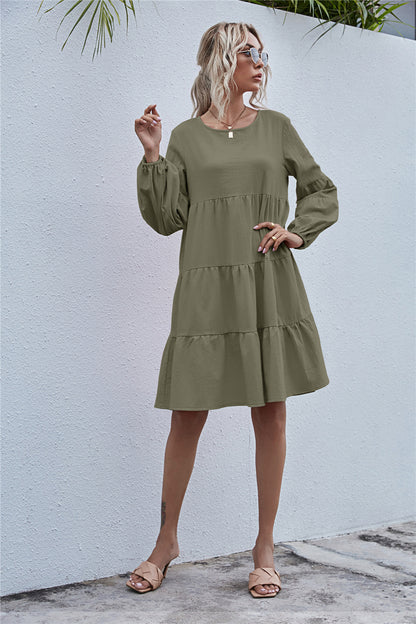 Round Neck Lantern Elastic Bubble Sleeve Mini Dresses