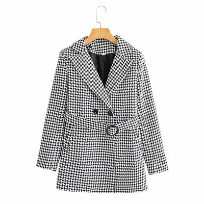 Houndstooth Button Lapel Belt Blazers Splicing Outerwear