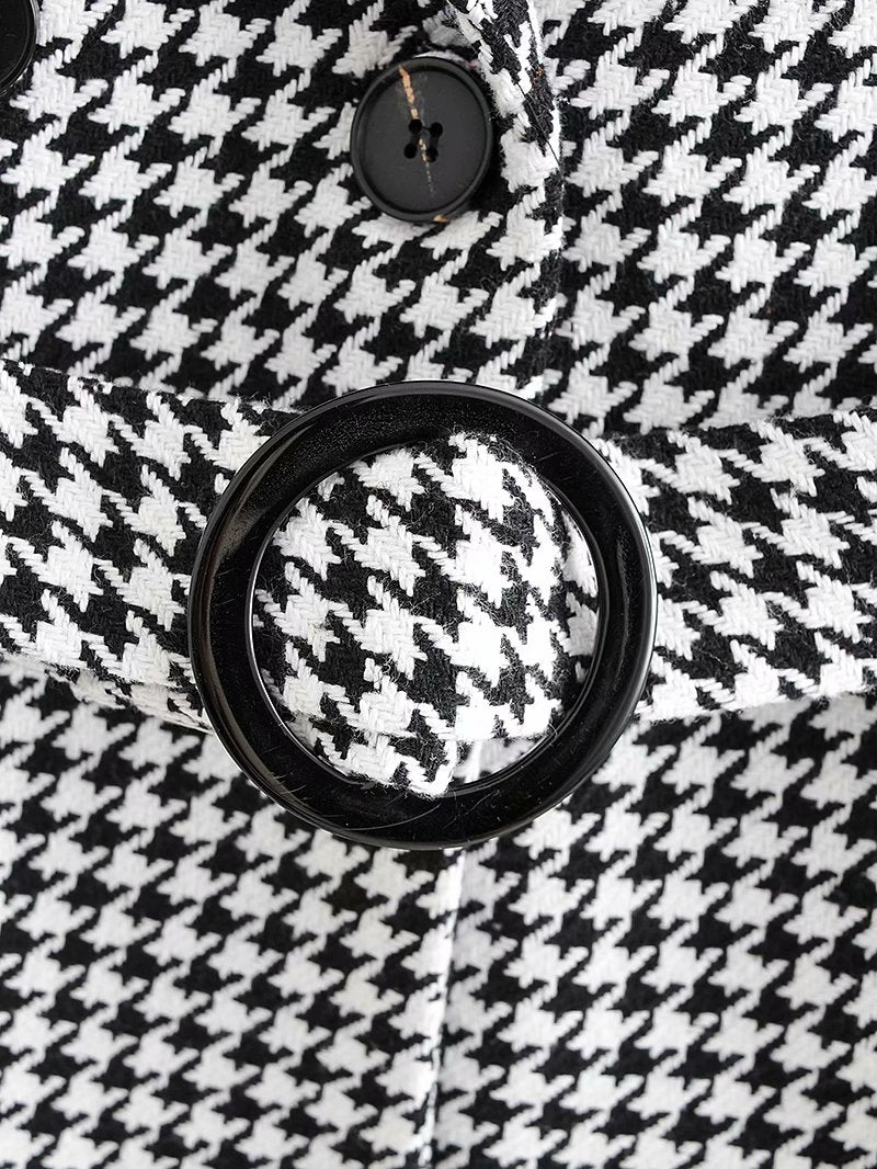 Houndstooth Button Lapel Belt Blazers Splicing Outerwear