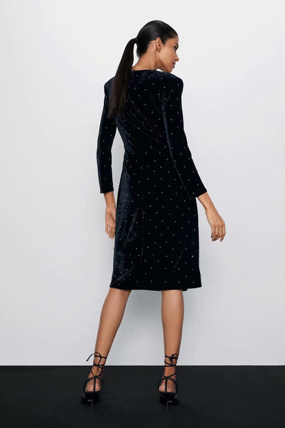 V-neck Lace-up Bright Velvet Bodycon Party Midi Dress