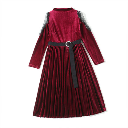 Red Velvet Lace Sleeve Pleated Skirt Midi Dresses