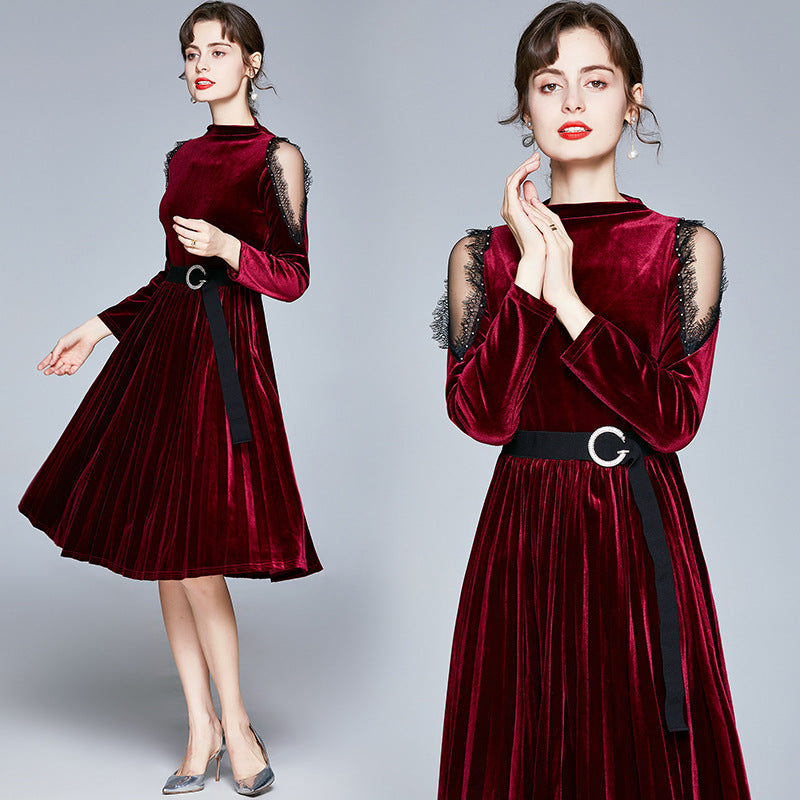 Red Velvet Lace Sleeve Pleated Skirt Midi Dresses