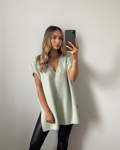 V-neck Slit Knit Splicing Vest Sweater
