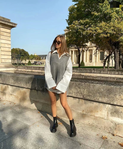 V-neck Irregular Hem Splicing Knit Vest Sweaters