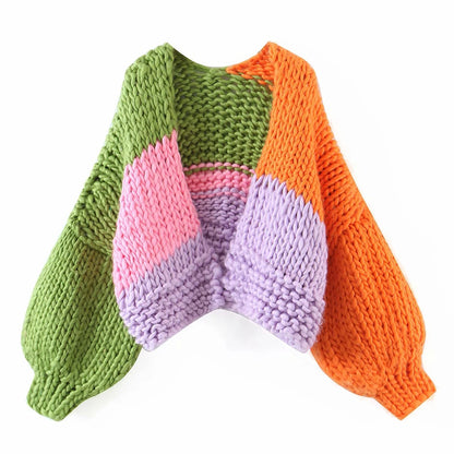 Lantern Sleeve V-neck Contrast Color Splicing Knit Sweater Outerwear