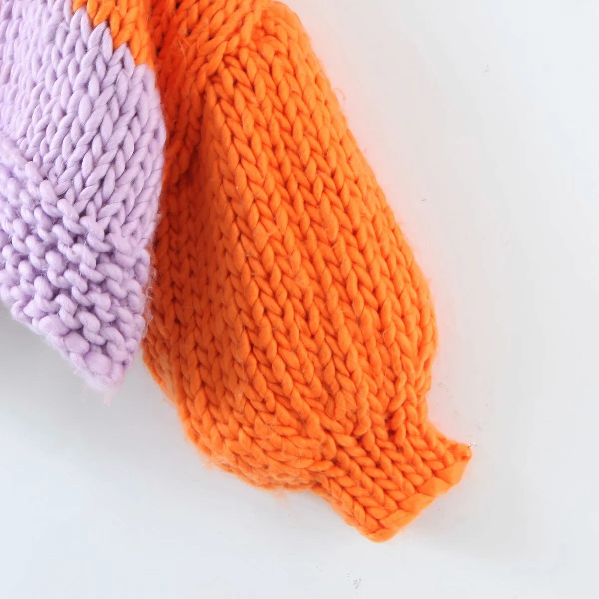Lantern Sleeve V-neck Contrast Color Splicing Knit Sweater Outerwear