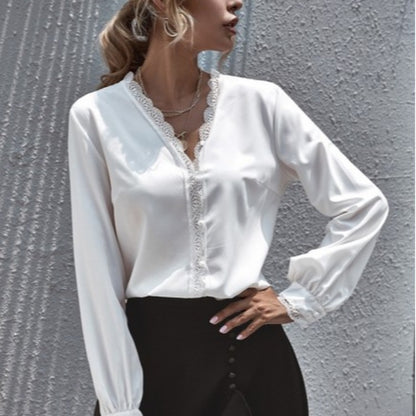 V-neck Lace Lantern Sleeve Single-breasted Shirts Blouses