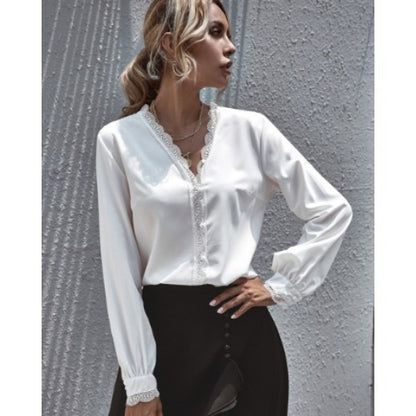 V-neck Lace Lantern Sleeve Single-breasted Shirts Blouses