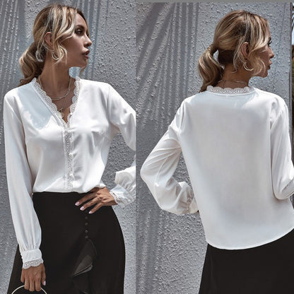 V-neck Lace Lantern Sleeve Single-breasted Shirts Blouses