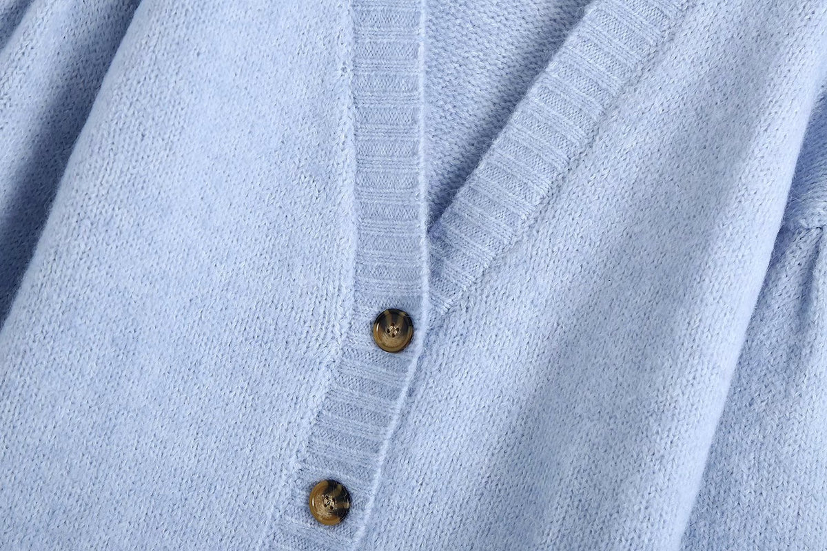 Single-breasted Lantern Sleeve V-neck Knit Cardigan Outerwear