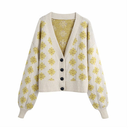Knit V-neck Single-breasted Argyle Pattern Cardigan