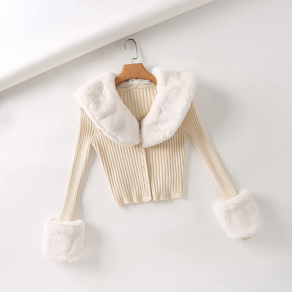 Fur Collar Sleeve Single-breasted Vintage Stripe Cardigan