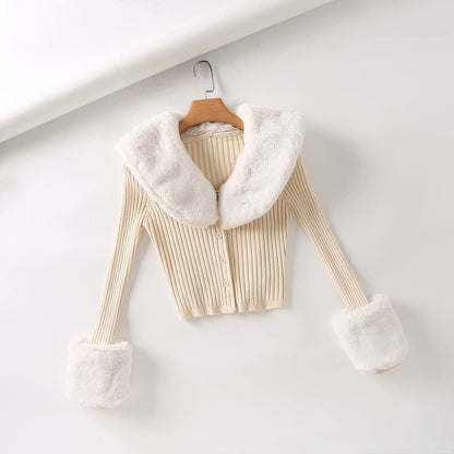 Fur Collar Sleeve Single-breasted Vintage Stripe Cardigan