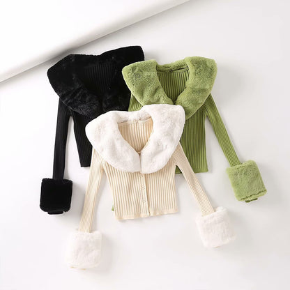 Fur Collar Sleeve Single-breasted Vintage Stripe Cardigan