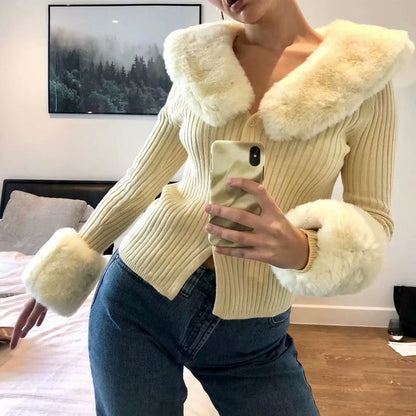 Fur Collar Sleeve Single-breasted Vintage Stripe Cardigan