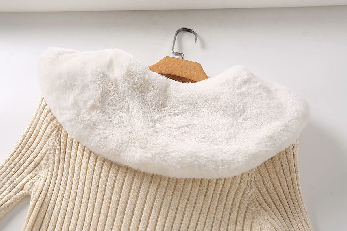 Fur Collar Sleeve Single-breasted Vintage Stripe Cardigan