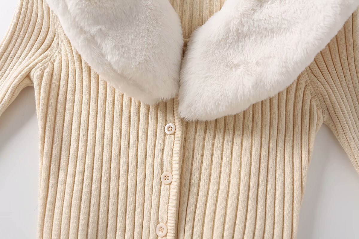 Fur Collar Sleeve Single-breasted Vintage Stripe Cardigan
