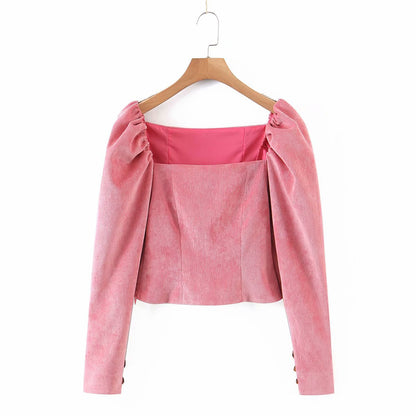 Corduroy Square Collar Puff Bubble Sleeve Shirt Crop Tops