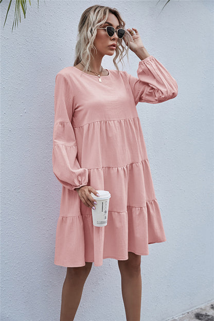 Round Neck Lantern Elastic Bubble Sleeve Mini Dresses