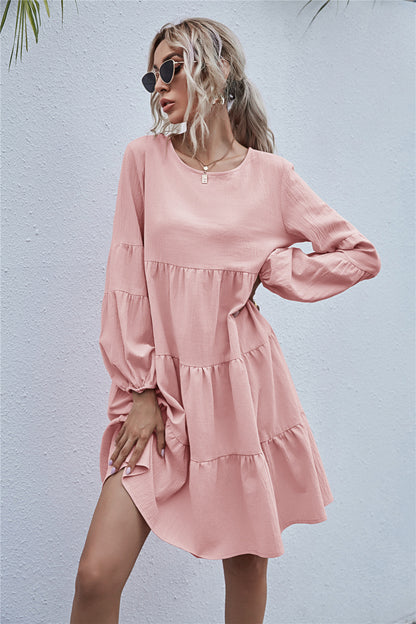 Round Neck Lantern Elastic Bubble Sleeve Mini Dresses