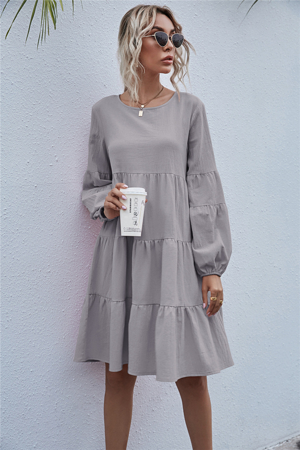 Round Neck Lantern Elastic Bubble Sleeve Mini Dresses