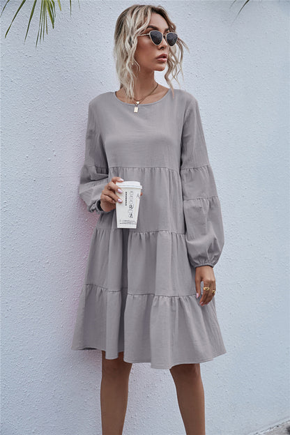 Round Neck Lantern Elastic Bubble Sleeve Mini Dresses