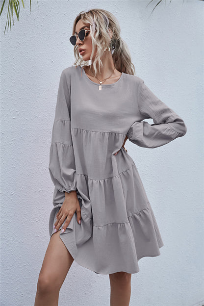 Round Neck Lantern Elastic Bubble Sleeve Mini Dresses