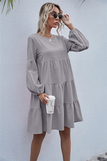 Round Neck Lantern Elastic Bubble Sleeve Mini Dresses