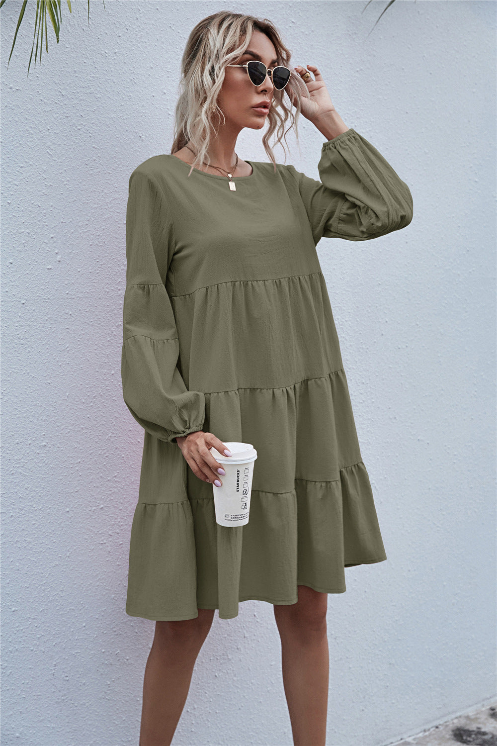 Round Neck Lantern Elastic Bubble Sleeve Mini Dresses