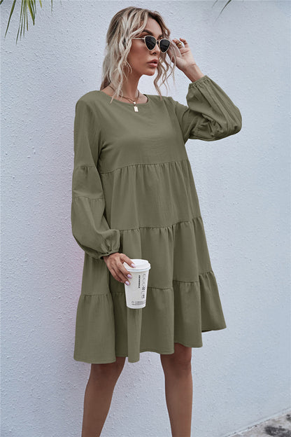 Round Neck Lantern Elastic Bubble Sleeve Mini Dresses