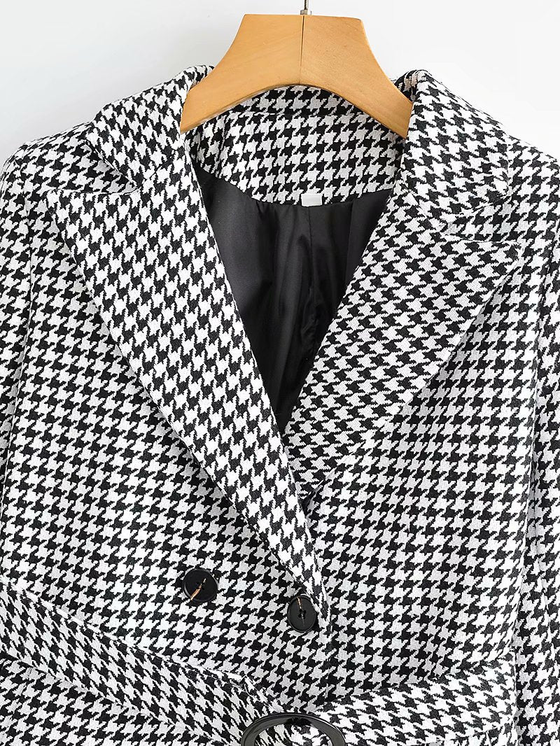 Houndstooth Button Lapel Belt Blazers Splicing Outerwear