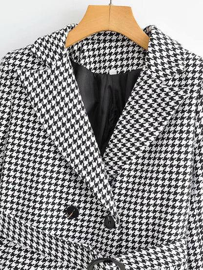 Houndstooth Button Lapel Belt Blazers Splicing Outerwear