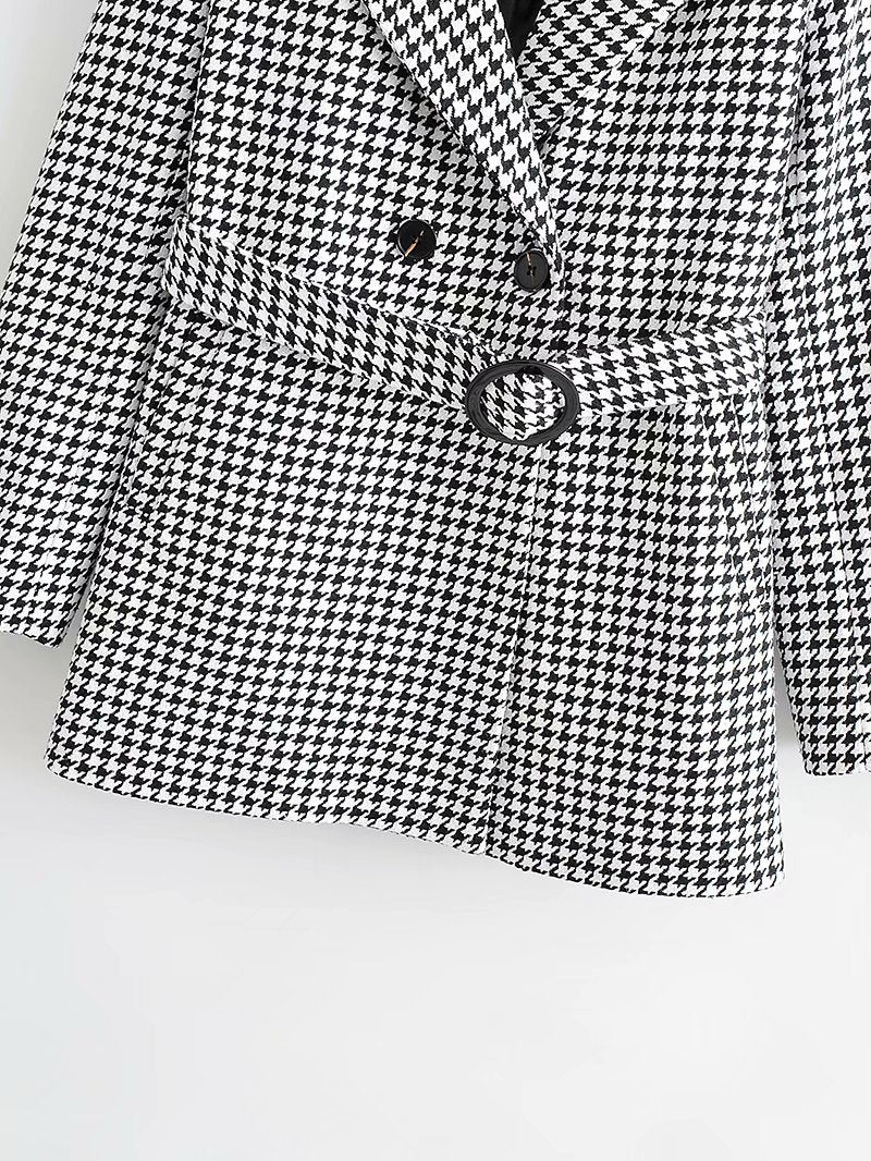 Houndstooth Button Lapel Belt Blazers Splicing Outerwear