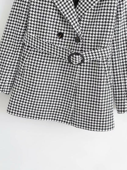 Houndstooth Button Lapel Belt Blazers Splicing Outerwear